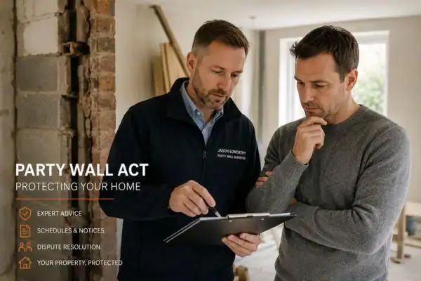 Party wall surveyor Ashford discussing extension plans with homeowner outside a UK semi-detached house.